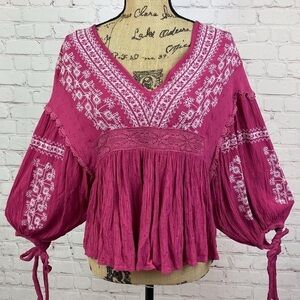 AEO Babydoll Crinkly Embroidered Balloon Sleeve
